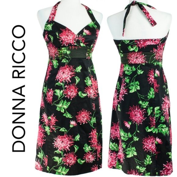 Donna Ricco Pin-Up Halter Dress – Retro Floral Black Red Green – Size 6 - Picture 1 of 5